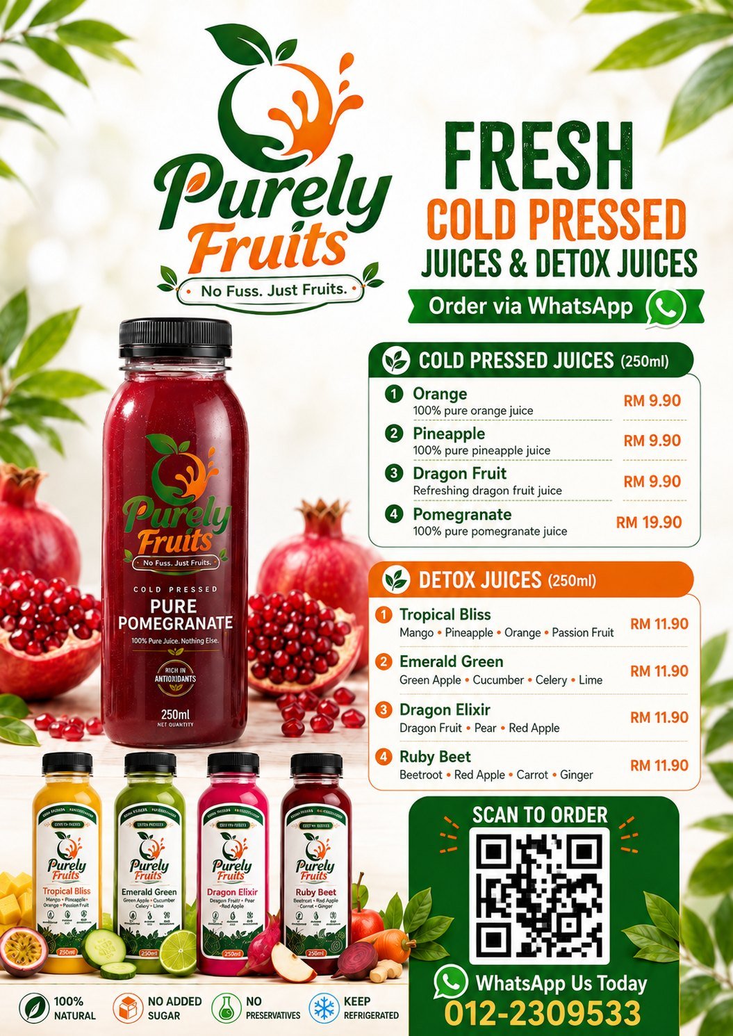 Purely Fruits cold-pressed juice range and preparation